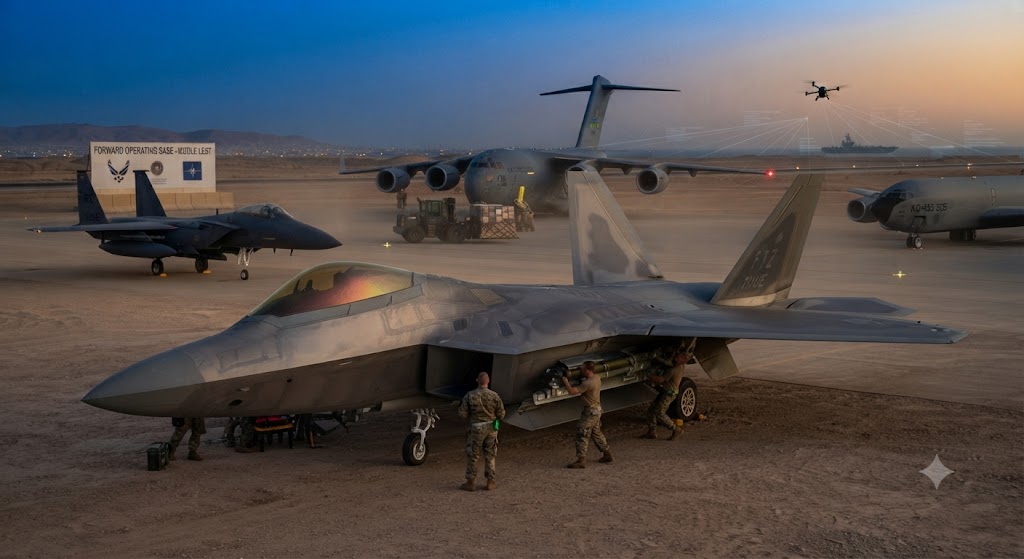 Military personnel working on a F-22 Raptor aircraft at a forward operating base, with various military jets and equipment in the background during sunset.